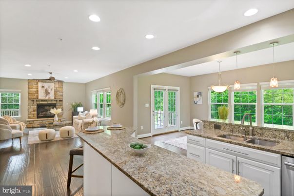 Fireplace, Interior, Kitchen, Living room, Pendant Lights, Recessed Lighting, Stone Walls, Wood Texture Flooring