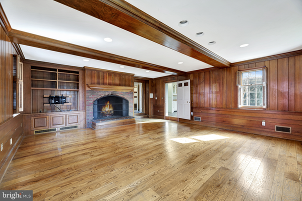 Empty room, Fireplace, Interior, Recessed Lighting, Wooden Beams, Wood Texture Flooring, Wooden Walls