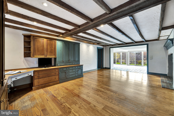 Interior, Kitchen, Recessed Lighting, Wooden Beams, Wood Texture Flooring