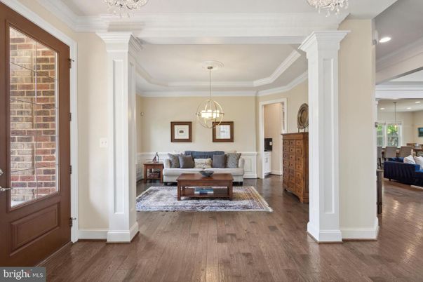 Chandelier, Interior, Living room, Pendant Lights, Recessed Lighting, Stone Walls, Wood Texture Flooring
