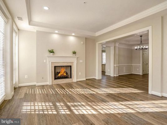 Chandelier, Empty room, Fireplace, Interior, Recessed Lighting, Wood Texture Flooring