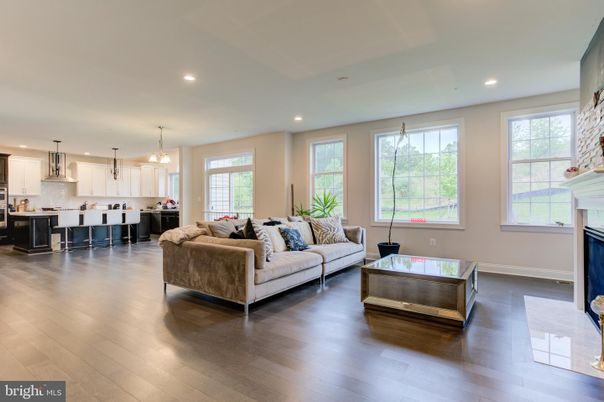 Fireplace, Interior, Kitchen, Living room, Pendant Lights, Recessed Lighting, Wood Texture Flooring