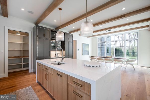 Interior, Kitchen, Pendant Lights, Recessed Lighting, Stainless Steel Appliances, Wooden Beams, Wood Texture Flooring