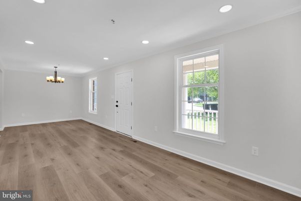 Chandelier, Empty room, Interior, Recessed Lighting, Wood Texture Flooring