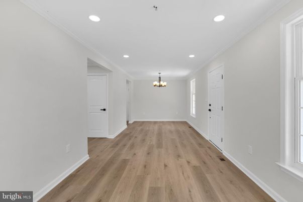 Chandelier, Empty room, Interior, Recessed Lighting, Wood Texture Flooring