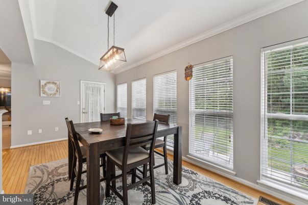 Dining room, Interior, Pendant Lights, Wood Texture Flooring