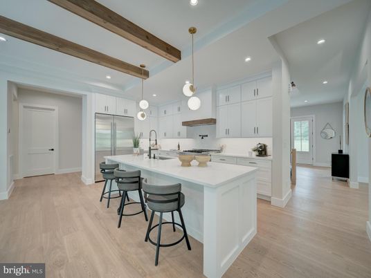 Interior, Kitchen, Pendant Lights, Recessed Lighting, Stainless Steel Appliances, Wooden Beams, Wood Texture Flooring