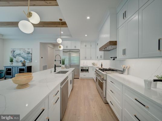 Interior, Kitchen, Pendant Lights, Recessed Lighting, Stainless Steel Appliances, Wooden Beams, Wood Texture Flooring