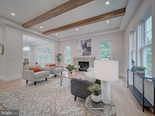 Chandelier, Dining room, Fireplace, Interior, Living room, Recessed Lighting, Wooden Beams, Wood Texture Flooring
