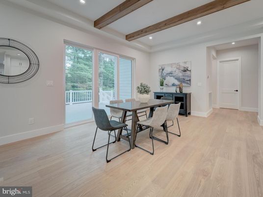 Dining room, Interior, Recessed Lighting, Wooden Beams, Wood Texture Flooring