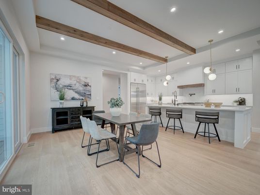 Dining room, Interior, Kitchen, Pendant Lights, Recessed Lighting, Stainless Steel Appliances, Wooden Beams, Wood Texture Flooring