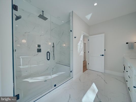 Bathroom, Glass Shower, Interior, Marble, Marble Walls, Recessed Lighting