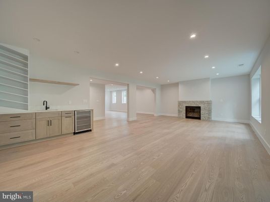 Empty room, Fireplace, Interior, Recessed Lighting, Wood Texture Flooring