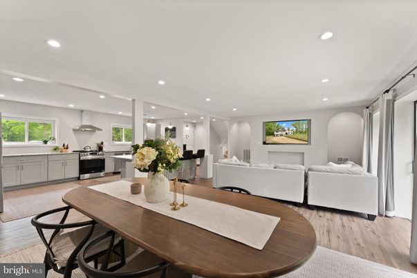 Dining room, Interior, Kitchen, Living room, Recessed Lighting, Stainless Steel Appliances, Wood Texture Flooring