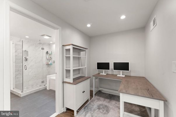 Bathroom, Glass Shower, Home Office, Interior, Marble Walls, Recessed Lighting, Wood Texture Flooring