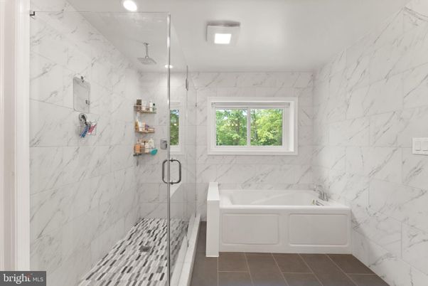 Bathroom, Glass Shower, Interior, Marble Walls, Recessed Lighting