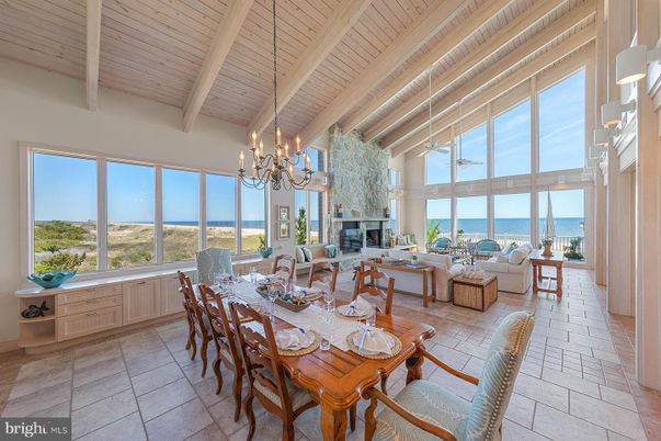 Chandelier, Dining room, Fireplace, Interior, Living room, Water, Wooden Beams, Wooden Ceilings