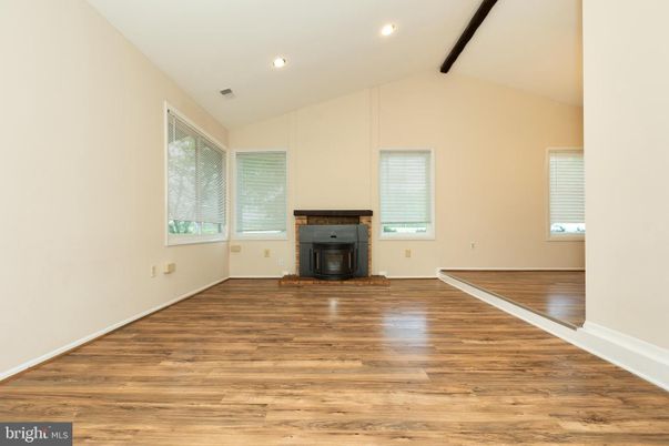 Empty room, Fireplace, Interior, Recessed Lighting, Wood Texture Flooring