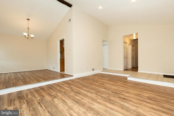 Chandelier, Empty room, Interior, Recessed Lighting, Wood Texture Flooring
