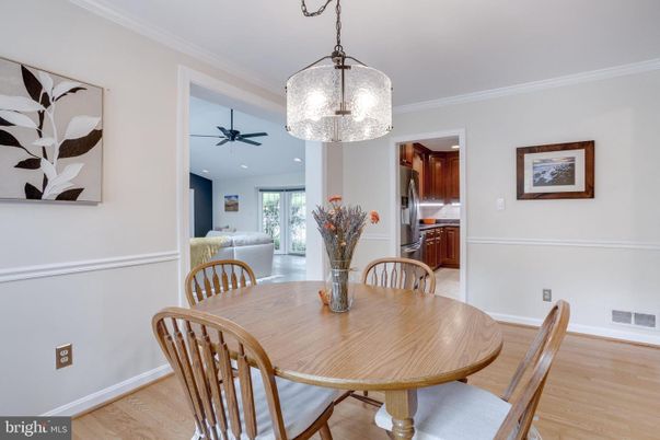 Dining room, Interior, Pendant Lights, Recessed Lighting, Wood Texture Flooring