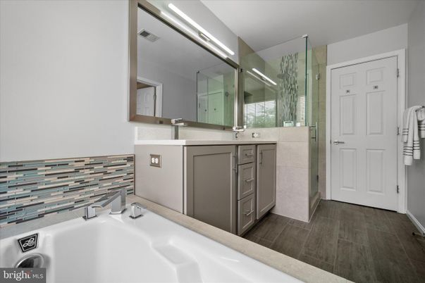 Bathroom, Glass Shower, Interior, Wood Texture Flooring