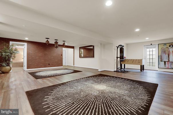 Fitness Equipment, Interior, Recessed Lighting, Stone Walls, Wood Texture Flooring