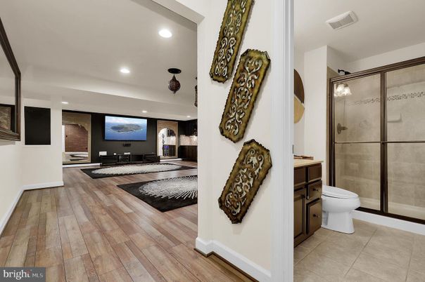 Bathroom, Glass Shower, Interior, Recessed Lighting, Wood Texture Flooring