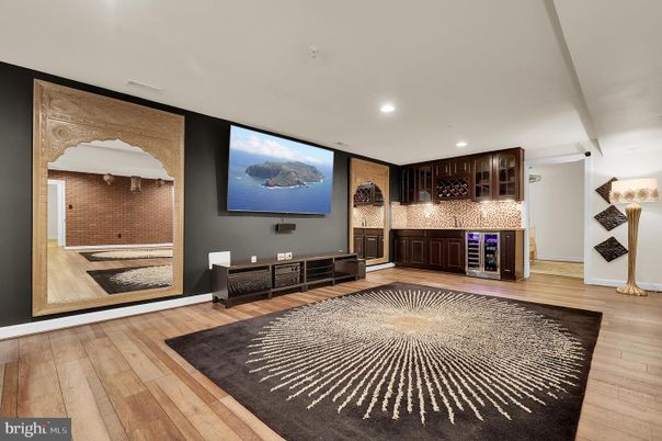 Interior, Projection Screen, Recessed Lighting, Stone Walls, Wood Texture Flooring