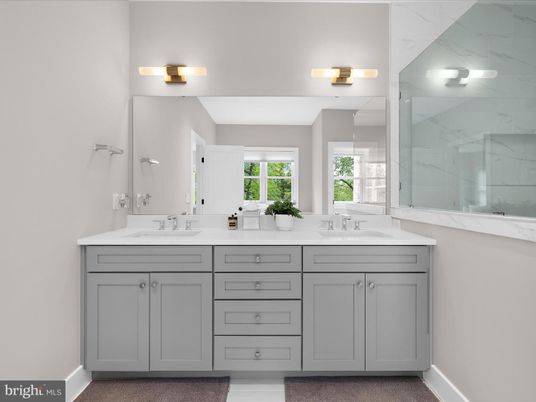 Bathroom, Dual Sink Vanities, Glass Shower, Interior, Marble Walls