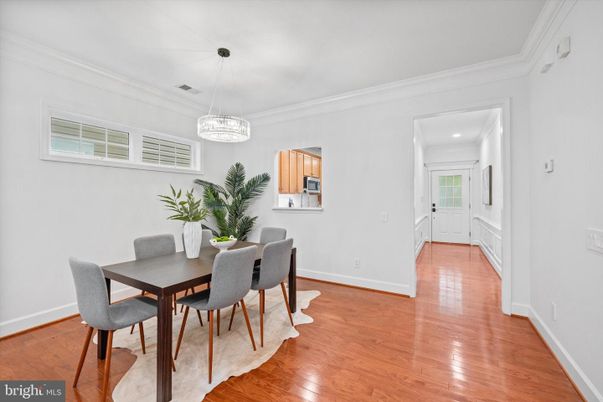 Dining room, Interior, Pendant Lights, Recessed Lighting, Wood Texture Flooring