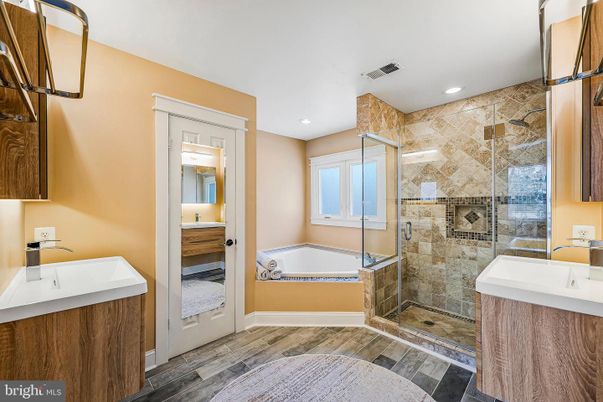 Bathroom, Glass Shower, Interior, Recessed Lighting, Wood Texture Flooring