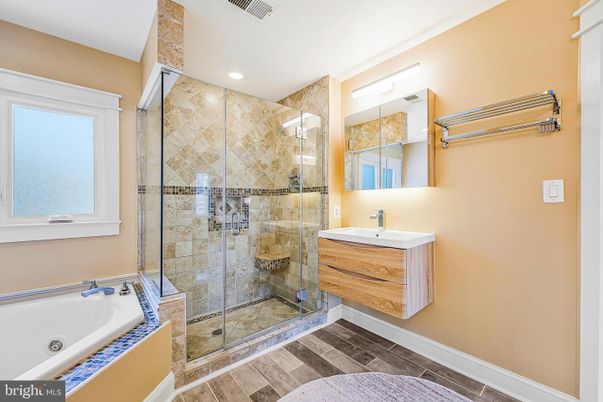 Bathroom, Glass Shower, Interior, Recessed Lighting, Wood Texture Flooring