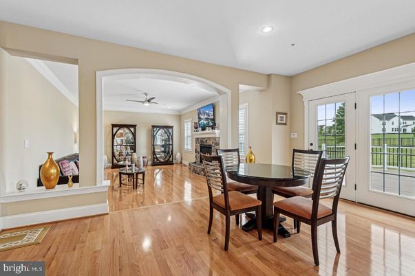 Dining room, Fireplace, Interior, Recessed Lighting, Wood Texture Flooring