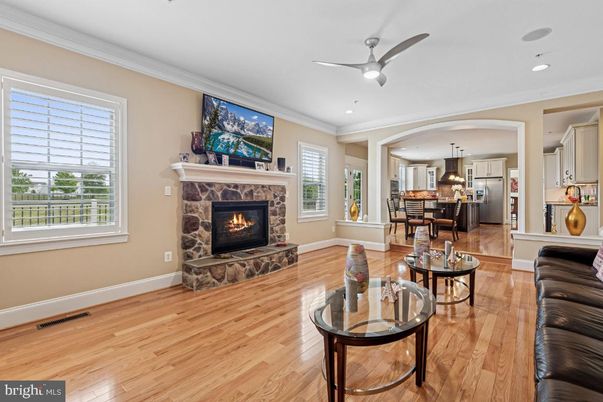 Fireplace, Interior, Kitchen, Pendant Lights, Recessed Lighting, Wood Texture Flooring