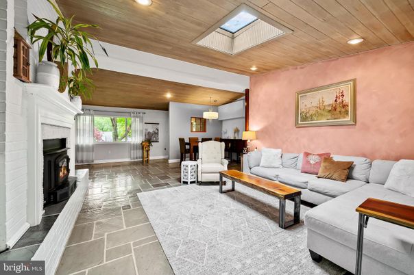 Fireplace, Interior, Living room, Pendant Lights, Recessed Lighting, Wooden Ceilings