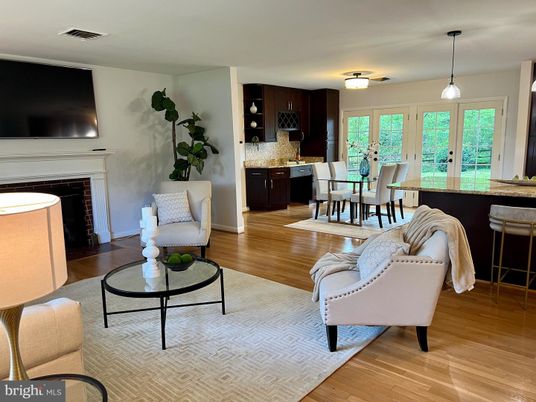 Dining room, Fireplace, Interior, Kitchen, Living room, Pendant Lights, Wood Texture Flooring