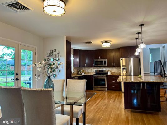 Dining room, Interior, Kitchen, Pendant Lights, Stainless Steel Appliances, Wood Texture Flooring