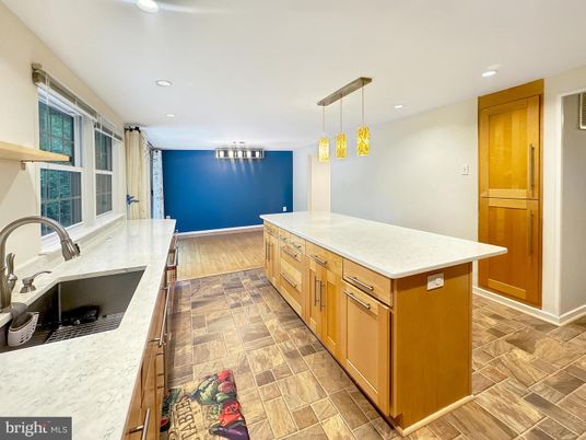 Interior, Kitchen, Pendant Lights, Recessed Lighting, Wood Texture Flooring