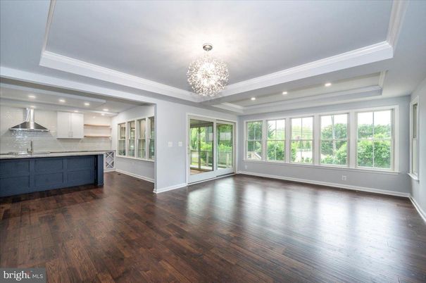 Chandelier, Empty room, Interior, Kitchen, Recessed Lighting, Wood Texture Flooring