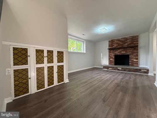 Empty room, Fireplace, Interior, Stone Walls, Wood Texture Flooring