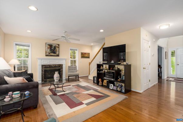 Fireplace, Interior, Living room, Recessed Lighting, Wood Texture Flooring