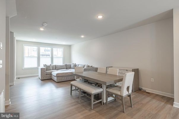 Dining room, Interior, Living room, Recessed Lighting, Wood Texture Flooring