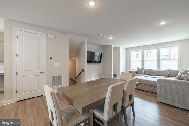 Dining room, Interior, Living room, Recessed Lighting, Wood Texture Flooring