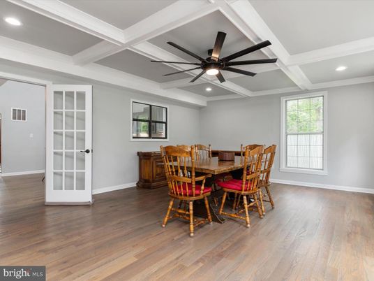 Dining room, Interior, Recessed Lighting, Wood Texture Flooring