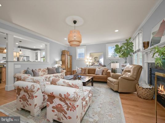 Fireplace, Interior, Kitchen, Living room, Pendant Lights, Recessed Lighting, Wood Texture Flooring