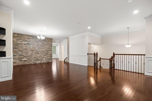 Chandelier, Empty room, Interior, Pendant Lights, Recessed Lighting, Stone Walls, Wood Texture Flooring