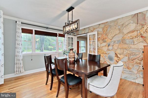 Dining room, Interior, Pendant Lights, Stone Walls, Wood Texture Flooring