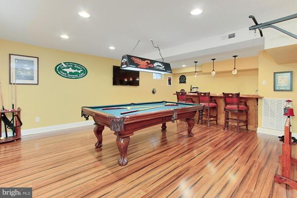 Billiard Table, Game Room, Interior, Pendant Lights, Recessed Lighting, Wood Texture Flooring