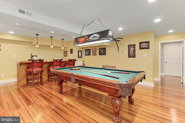 Billiard Table, Game Room, Interior, Pendant Lights, Recessed Lighting, Wood Texture Flooring