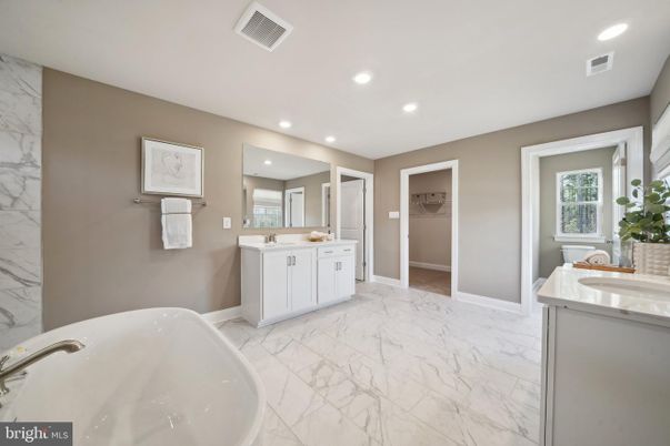 Bathroom, Dual Sink Vanities, Free Standing Baths, Interior, Marble, Recessed Lighting